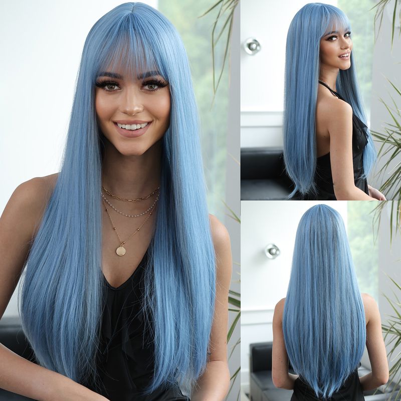 White Long Straight Synthetic Wigs For Women Colorful Cosplay Party Hair With Bangs White Wig HighTemperature_voghion.com