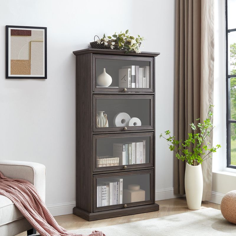 Glass Display Cabinet 4 Tier Glass Display Cabinet Storage Curio Cabinet With Flip Up Glass Doors, Collectors Showcase Toy Figure Organizers Rack, Bookcase For Living Room BRO_voghion.com