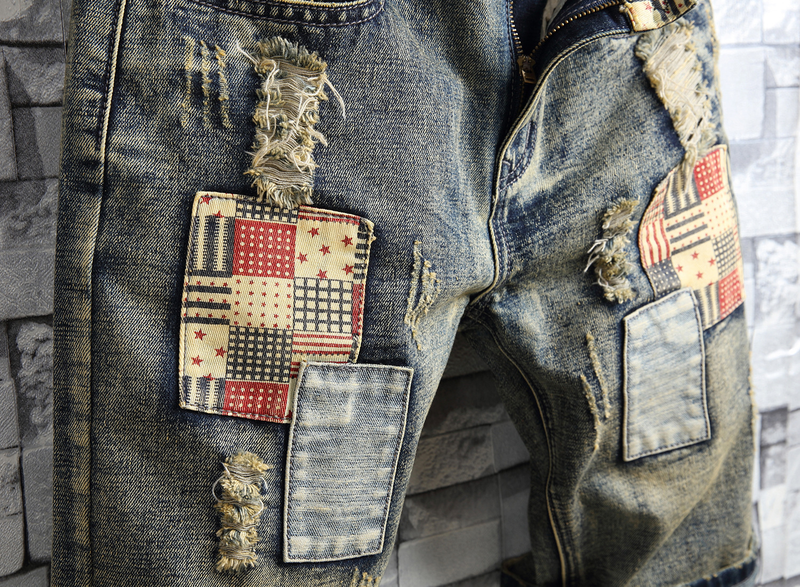 Herren-Jeans-Shorts, Retro-zerrissene, schmale, verkürzte Herren-Patch-Hose_voghion.com