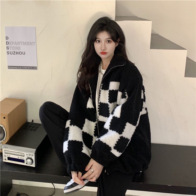 2024 new autumn and winter thick versatile checkerboard slicing lamb wool coat women's casual stand u collar fleece_voghion.com