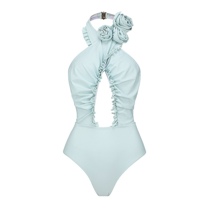 Women's 3D flower halter neck backless swimsuit and wrap skirt suit for women_voghion.com