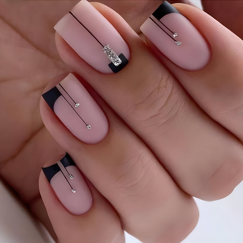 French 24Pcs Simple False Nails with Shiny Powder Mid-length Square Fake Nail Full Cover Nail Tip Wearable Bal_voghion.com