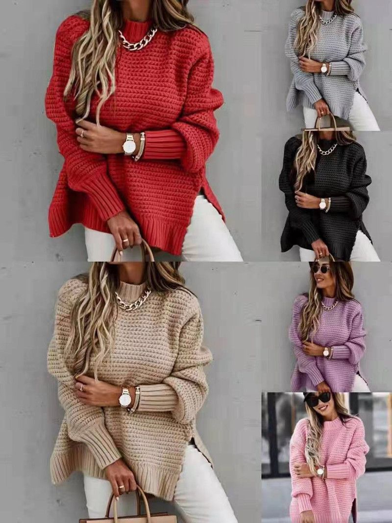 Damenbekleidung, gedrehter Faden, lockerer, halbhoher Kragen, dicker Retro-Strickpullover aus Wolle, vorne kurz und hinten lang_voghion.com