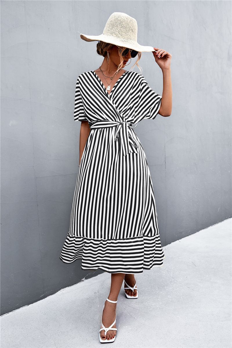 2023 Spring/Summer New Classic Cross V-Neck Strap Stripe Dress_voghion.com