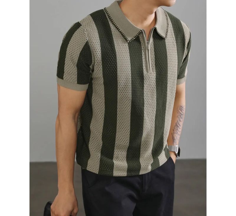 Herrenbekleidung Halbreißverschluss Revers Retro Hohl Gestrickt Gestreift Bottoming Top_voghion.com