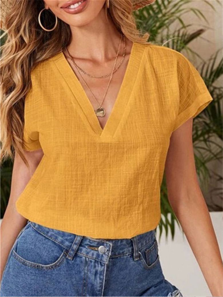 Roupas femininas Nova cor sólida algodão e linho solto manga curta gola V camisa de manga curta_voghion.com