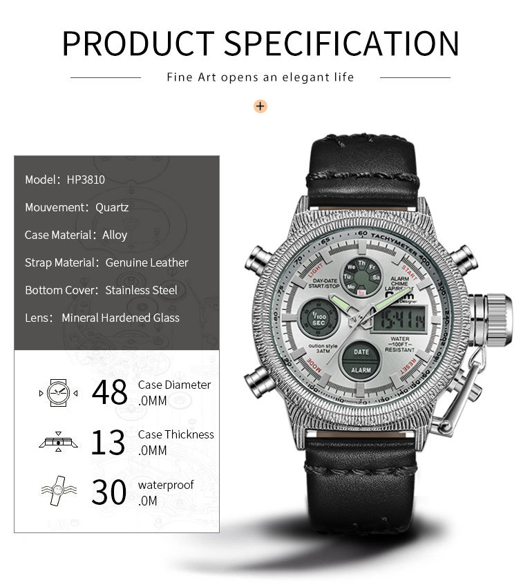 Men's Multifunctional Casual Quartz Watch With Genuine Leather Strap, Backlight, GMT, Alarm, Chronograph, And Date Display_voghion.com