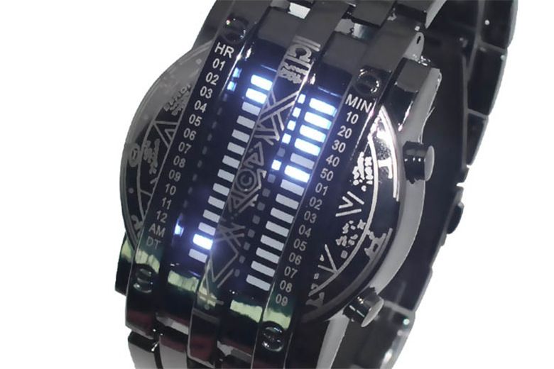 Relógio Digital Binário LED Masculino - Cronógrafo Empresarial Elegante com Pulseira de Corrente, Calendário e Mostrador Mensal, Resistente à Água_voghion.com