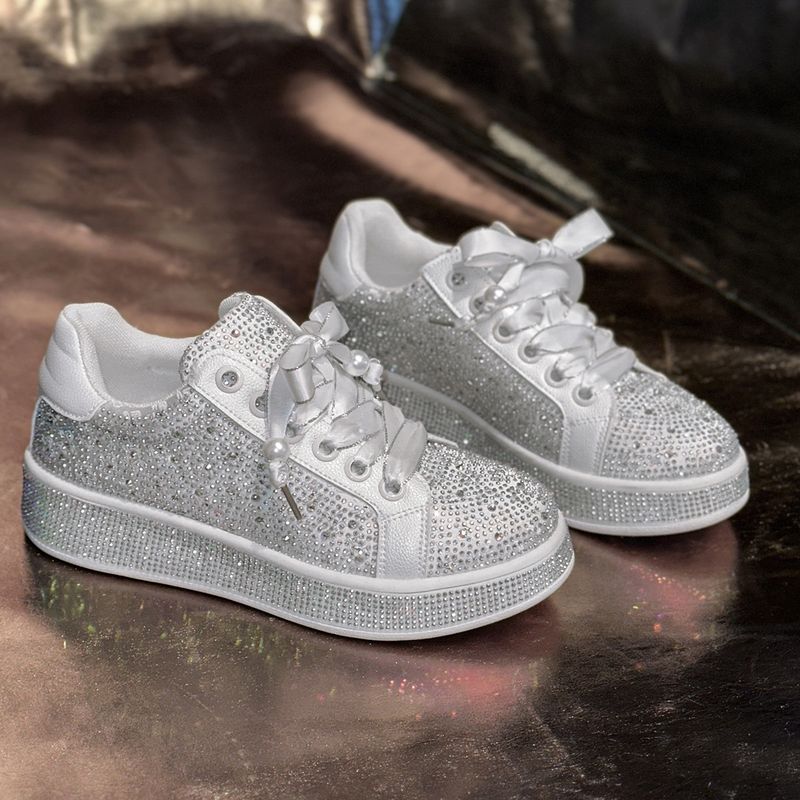 Sneakers casual con strass taglie forti per donna - Scarpe basse alla moda con lacci e design scintillante, comode ed eleganti per l'estate_voghion.com