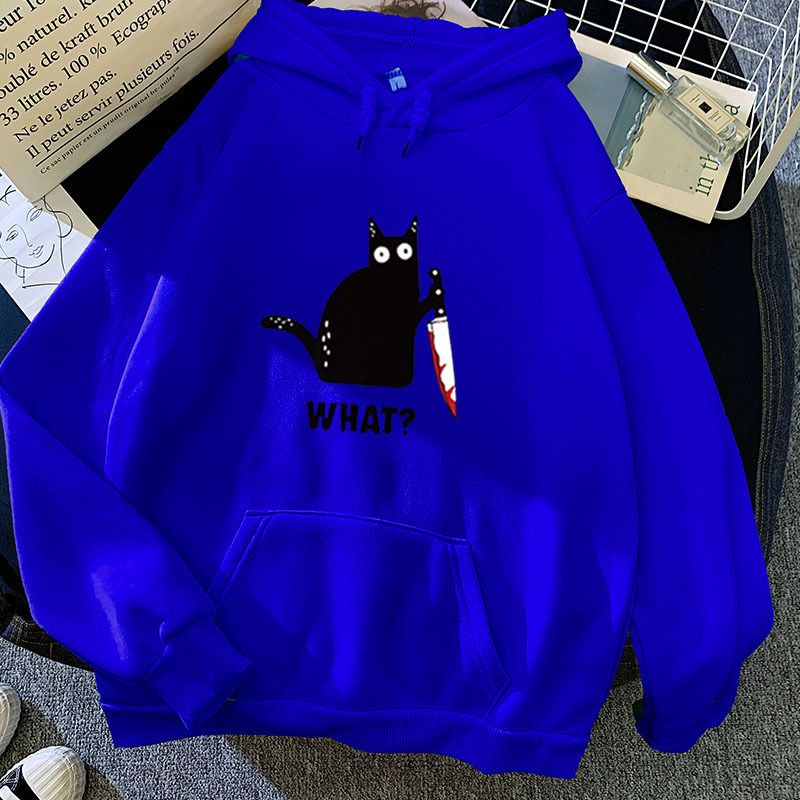 Felpa con cappuccio e grafica gatto nero, stampa personalizzata abbinata per coppia, autunno inverno, nuova caramella, WHAT?_voghion.com