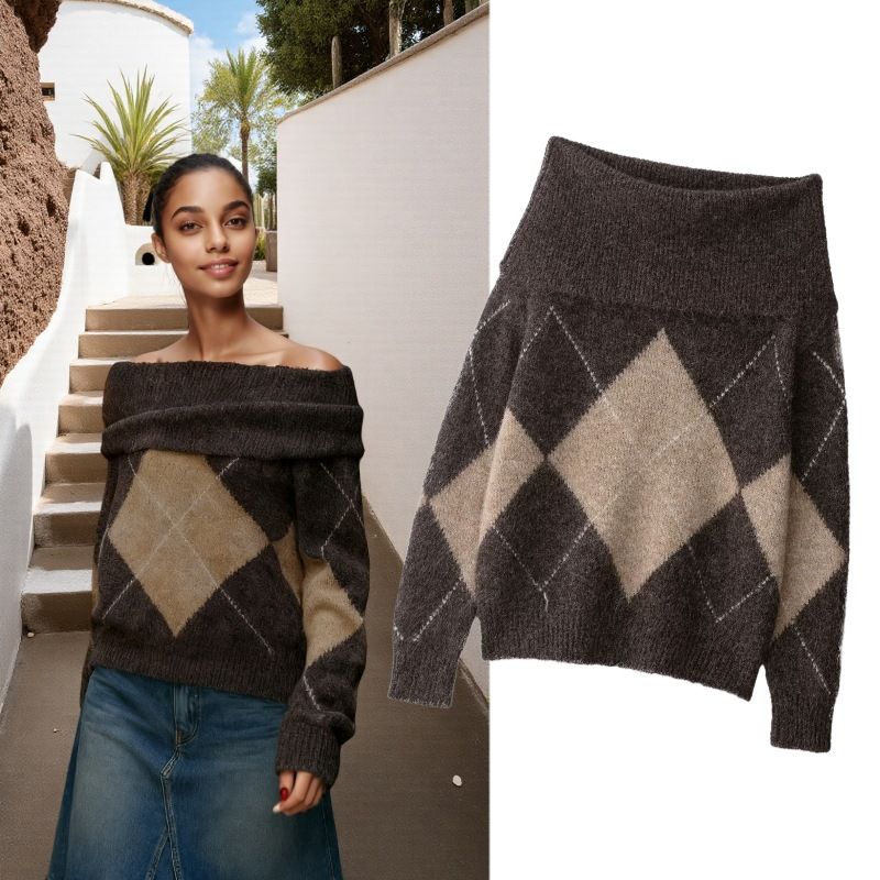 Off-Shoulder Diamond Knit Sweater – Trendy One-Shoulder Pullover For Women (As Pictured, S/M/L)_voghion.com
