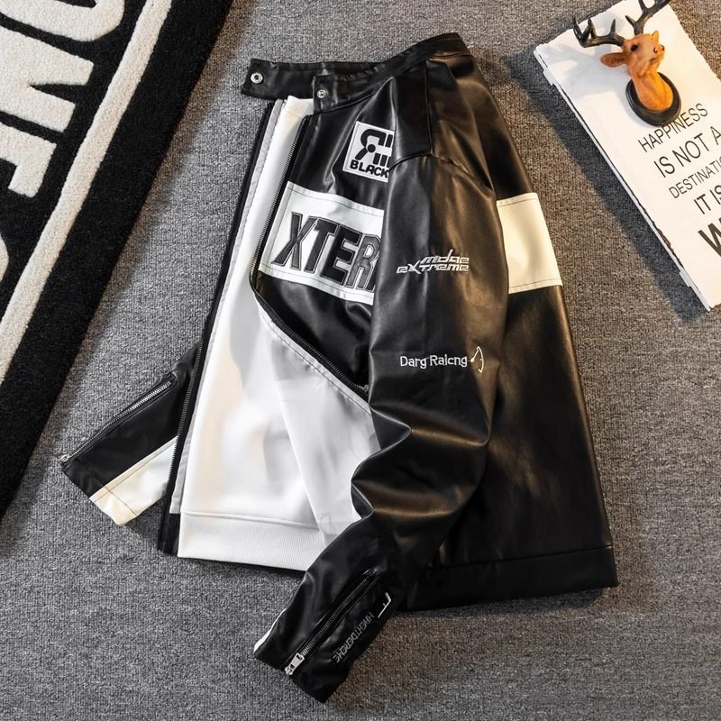 Men's Retro Letter Leather Motorcycle Jacket - Vintage Baseball Style Stand Collar PU Jacket For Men_voghion.com