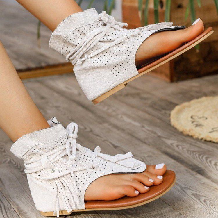 Large size boots for women summer tassel flat toed hollow sandals_voghion.com