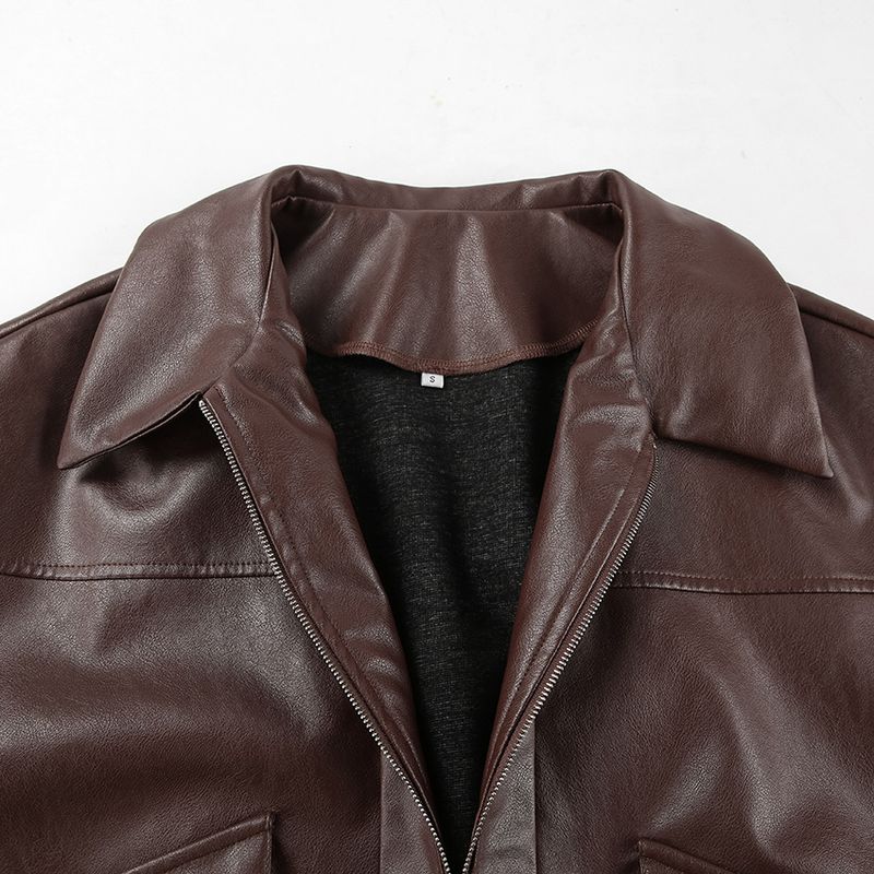 Damenbekleidung Vintage-inspirierte Bomberjacke für Damen – Fliegermantel aus PU-Leder, entspannte Passform, klassisches Braun, Freizeit- und Bürokleidung_voghion.com
