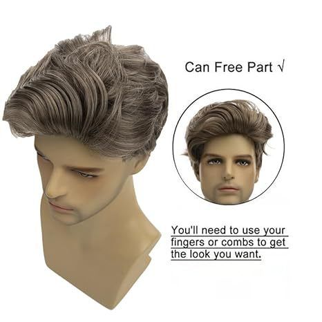 Parrucca sintetica corta e liscia da uomo - Acconciatura con riga laterale, biondo cenere e frangia laterale (alla moda, con calotta intera resistente al calore, look naturale)_voghion.com