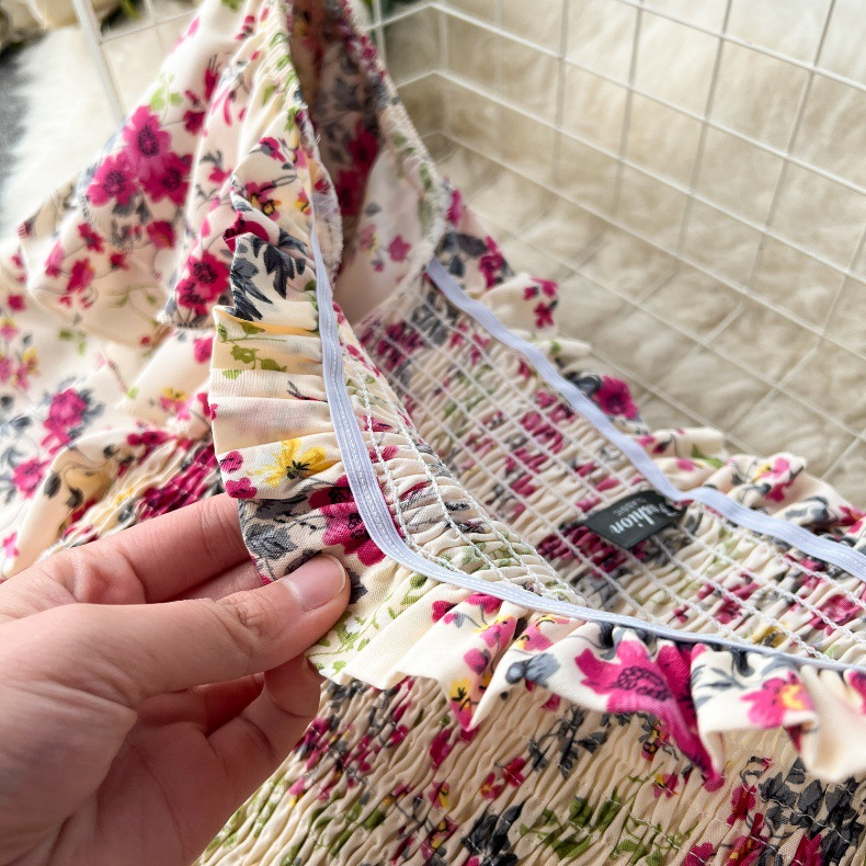 Abito da vacanza da donna per donna primavera nuovo stile colletto a una linea con spalle scoperte gonna a maniche corte in vita lunga floreale in platycodon_voghion.com