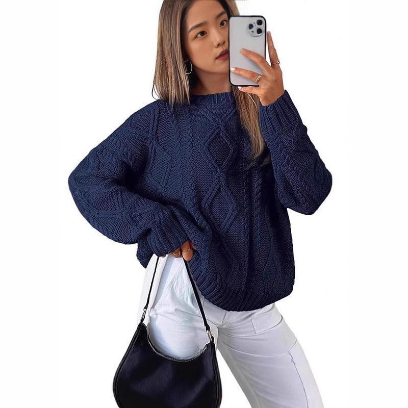 Women's Chunky Knit Sweater With 3D Pattern - Oversized Casual Pullover For Fall & Winter - Soft Acrylic Yarn - Round Neck Long Sleeve_voghion.com