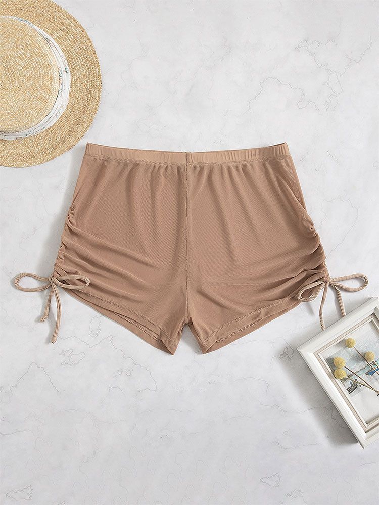 New European And American Sexy Solid Color Swimsuit Women's Four Corner Transparent Mesh Drawstring Beach Swimming Trunks Bikini Shorts_voghion.com