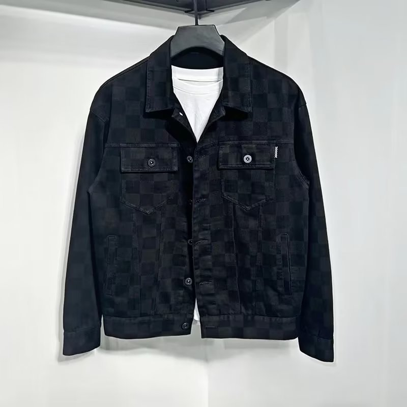 Denim a scacchiera per la primavera e il 2023, nuova giacca autunnale casual da uomo di taglia ampia_voghion.com