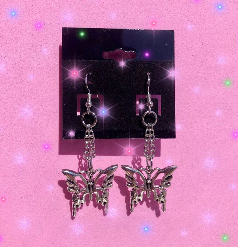 Gothic silver hollow long chain butterfly earrings_voghion.com