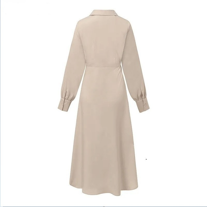 Abito camicia elegante formale da donna Abito lungo retrò tinta unita a vita lunga_voghion.com
