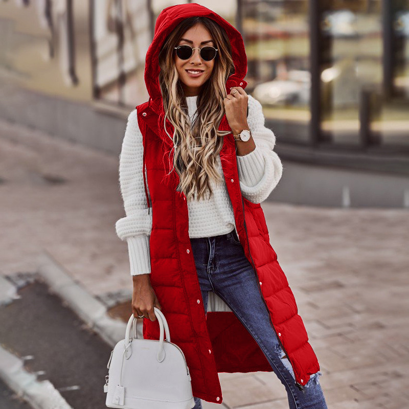Einfarbige, einreihige, mittellange, mit Baumwolle gefütterte Weste für Damen mit einfarbigem Temperament und schlankem Cardigan-Mantel_voghion.com