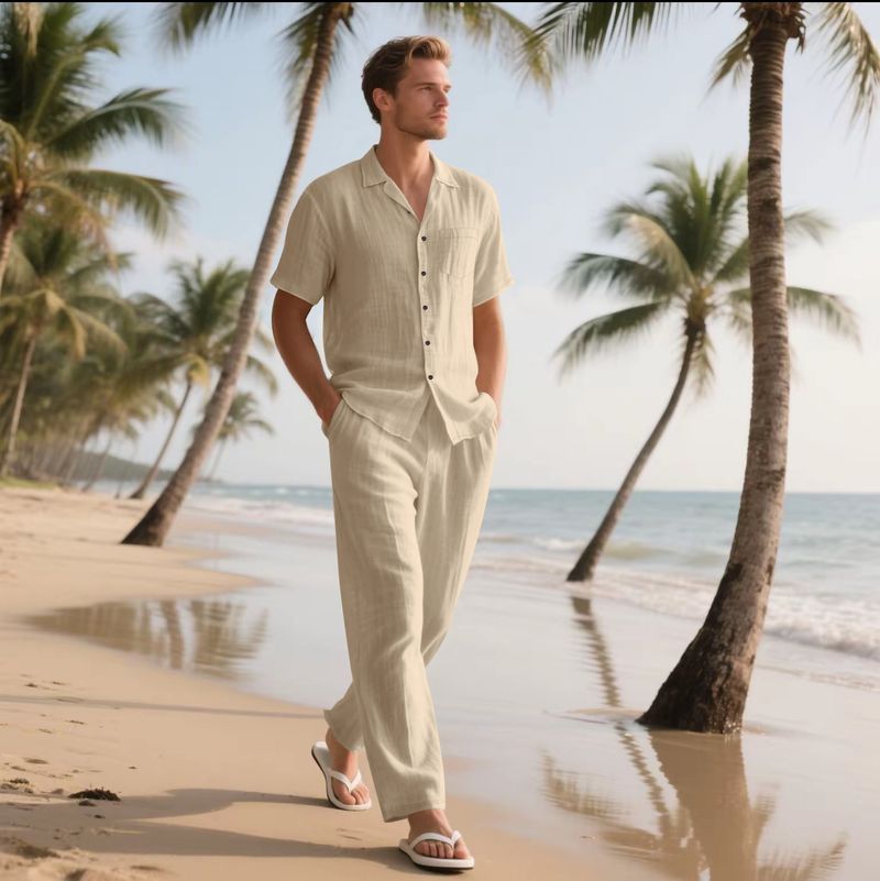 Set de cămașă și pantaloni scurți de plajă din in pentru bărbați, costum casual de vară cu mânecă scurtă_voghion.com