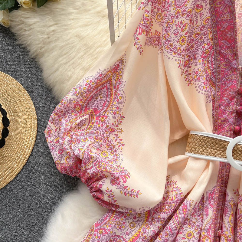 Damen-Retro-Urlaubsstil, V-Ausschnitt, Laternenärmel, Taille, mittellanges, bedrucktes, zierliches Kleid_voghion.com