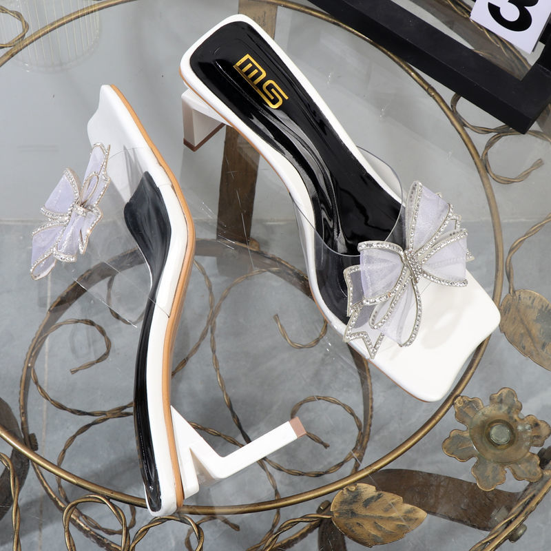 2024 Sommer Damenschuhe Kopfschleife Mesh Mode Outwear Square High Heel Transparent Gürtel Hausschuhe_voghion.com