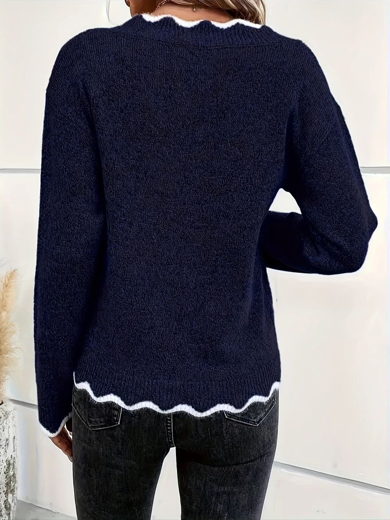 Maglione lavorato a maglia con scollo a V, elegante e senza sforzo, da donna, oversize, a maniche lunghe, tinta unita, casual chic, per autunno e inverno_voghion.com