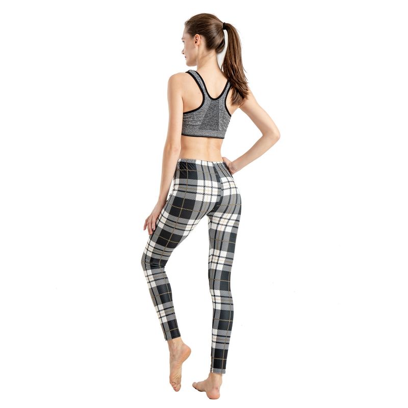 Leggings sportivi elastici a nove punti con stampa scozzese a righe alla moda da donna_voghion.com