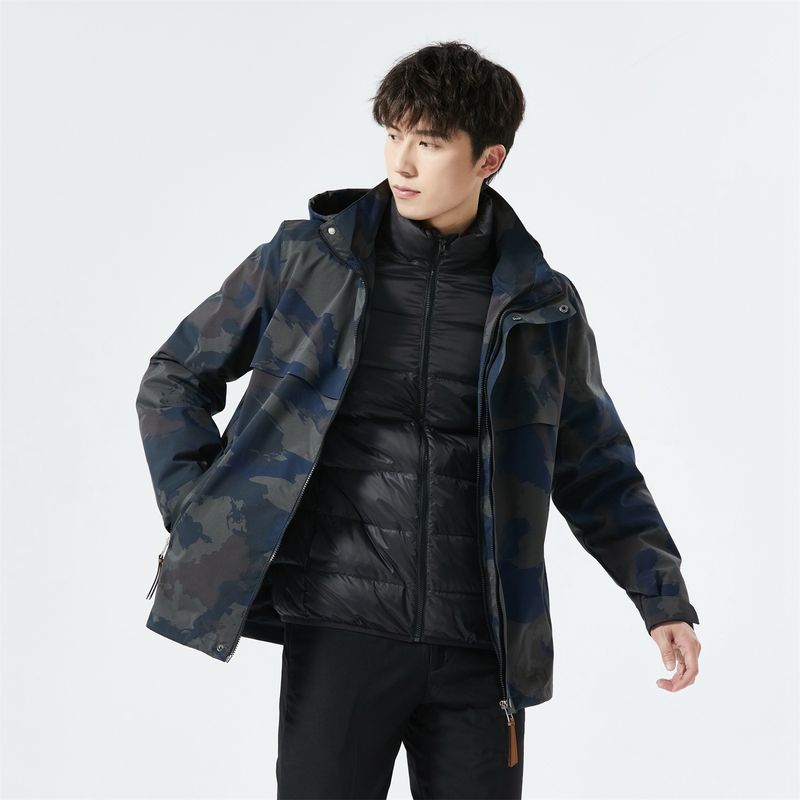 Men's 3-in-1 Waterproof Hiking Jacket With Detachable Down Liner - All-Season Windproof Shell For Mountaineering, Skiing & Urban Commute (Black/Camo)_voghion.com