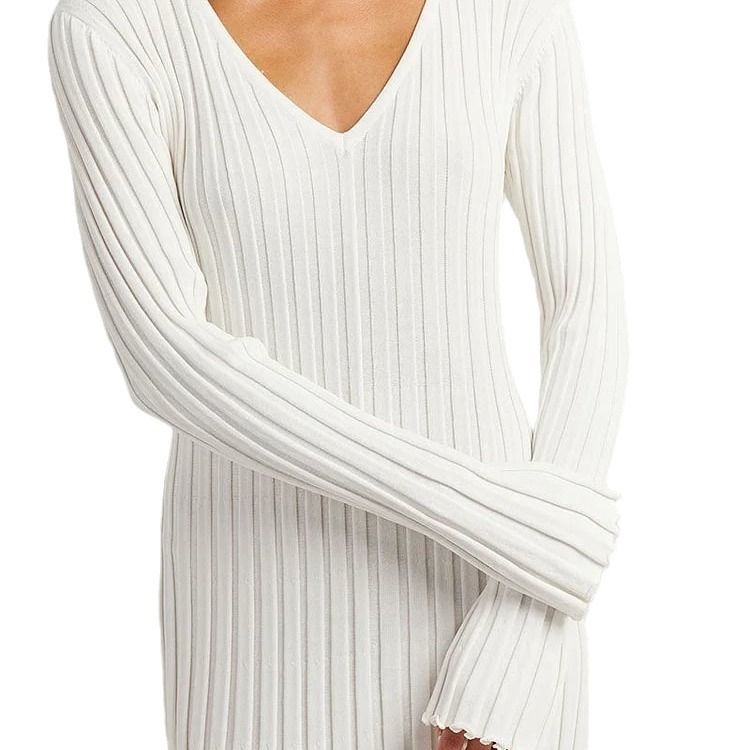 Frühling/Sommer, neues lässiges, tailliertes, V-Ausschnitt-Strickkleid mit schmalen Streifen für Damen_voghion.com