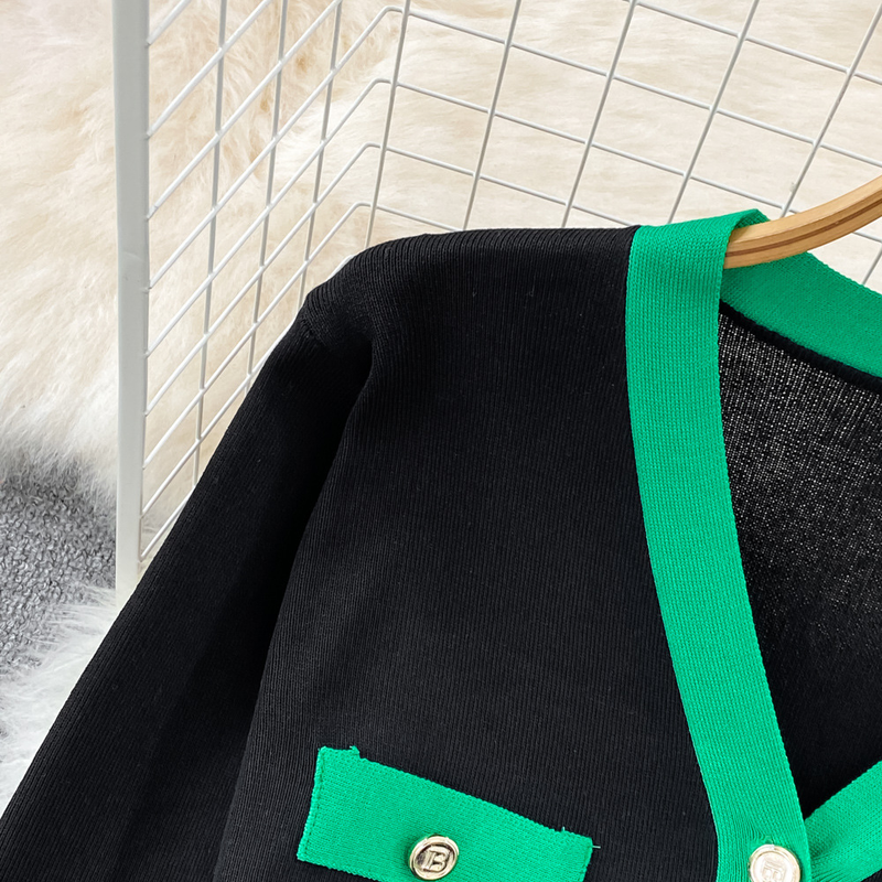Damenbekleidung, lässiger V-Ausschnitt, lockere Kontrastfarbe, langärmelige Jacke, zweiteiliges Set, hoch taillierte Strickhose mit weitem Bein_voghion.com
