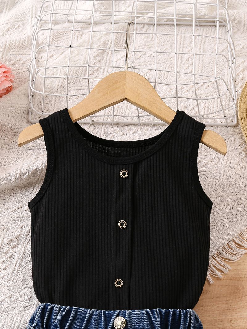 Kid's Clothing children's clothing girls summer pit solid color sleeveless off-shoulder pullover ripped denim trousers two-piece set_voghion.com