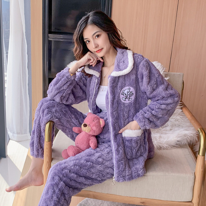 Pijamale din catifea jacquard pentru femei în timpul iernii, jachetă cu fermoar în stil coreean, pantaloni lungi, plus cămașă pentru casă de maternitate groasă mm_voghion.com