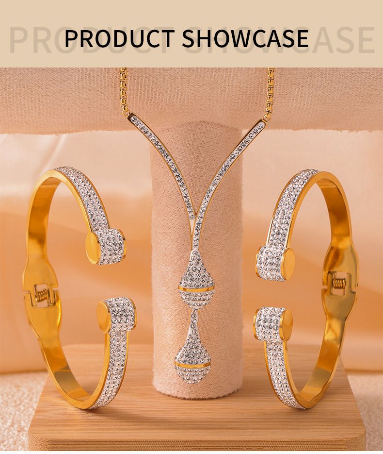 Conjunto de colar e pulseira de luxo com corrente em camadas e strass, aço titânio banhado a ouro, elegante e estiloso conjunto de corrente de osso de cobra_voghion.com