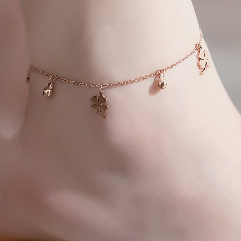 Shuosbai Lucky Clover Bells Charm Fußkettchen Fußkette Damen Sommer Sandale Knöchelarmband_voghion.com
