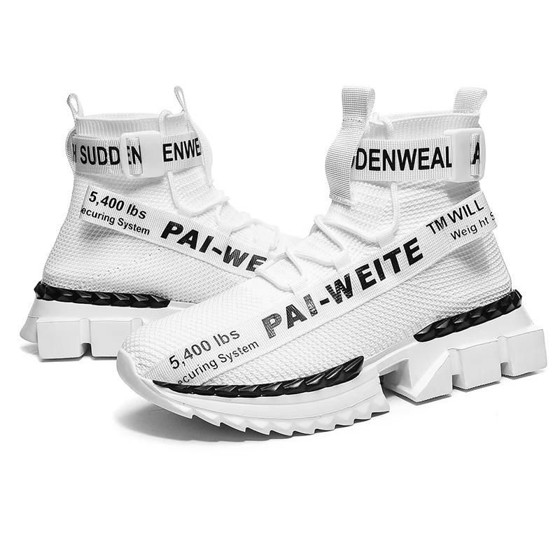 Sneakers da uomo casual alla moda, traspiranti, leggere, alte, con design a calzino, bianche, da uomo_voghion.com