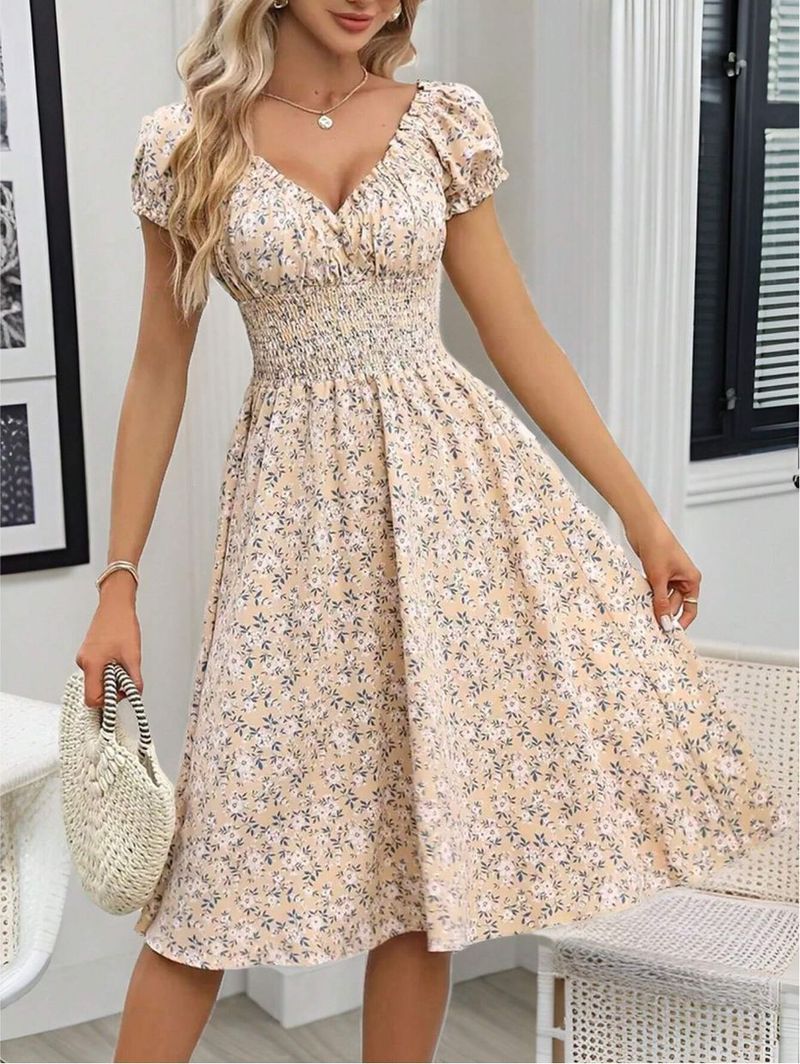 Abito floreale 2025, nuova estate, sensazione di alta qualità, gonna lunga che stringe la vita e snellisce, gonna ampia con scollo a V._voghion.com