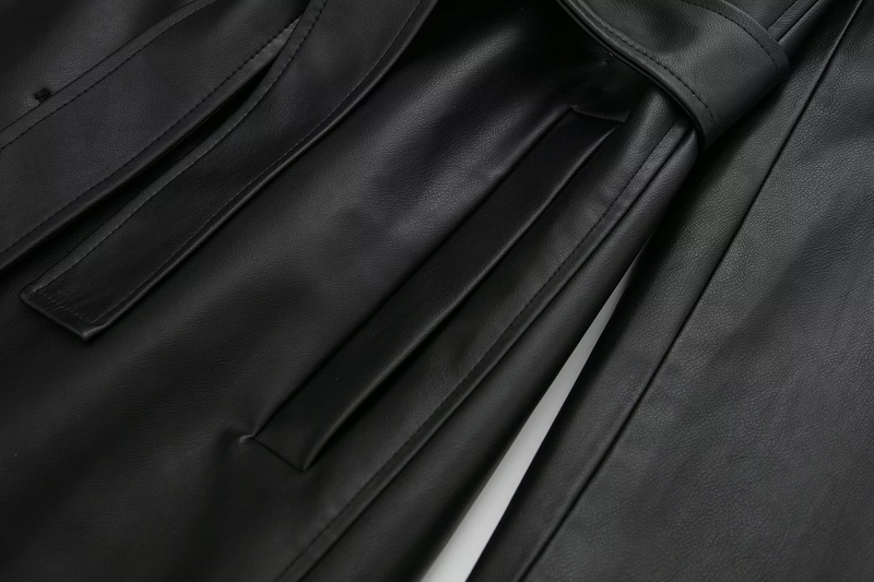 Dametøj mode temperament let velkendt imiteret læder PU sort lang windbreaker jakke kvinde_voghion.com