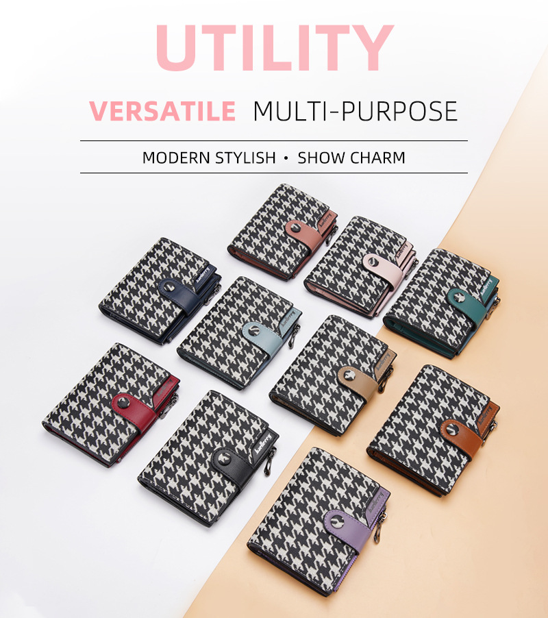 Baellerry Ny Pung Dame Kort Koreansk Stil Houndstooth Kontrast Multi-kort Lynlås Møntpung Korttaske_voghion.com