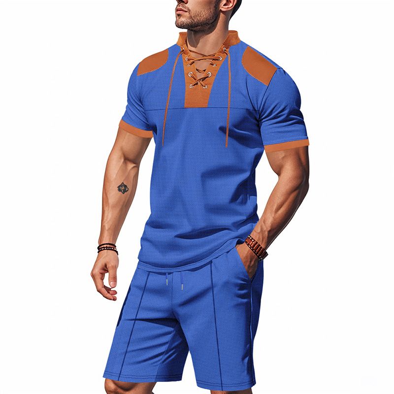 Cross-border Independent Station American Summer Casual Men's Tether Loose Henry Western Denim Waffle Short Sleeve Suit_voghion.com