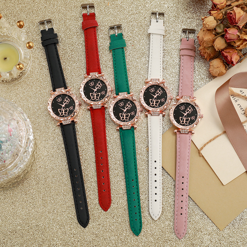 Diamond petal case temperament butterfly pattern frosted belt women's quartz watch_voghion.com