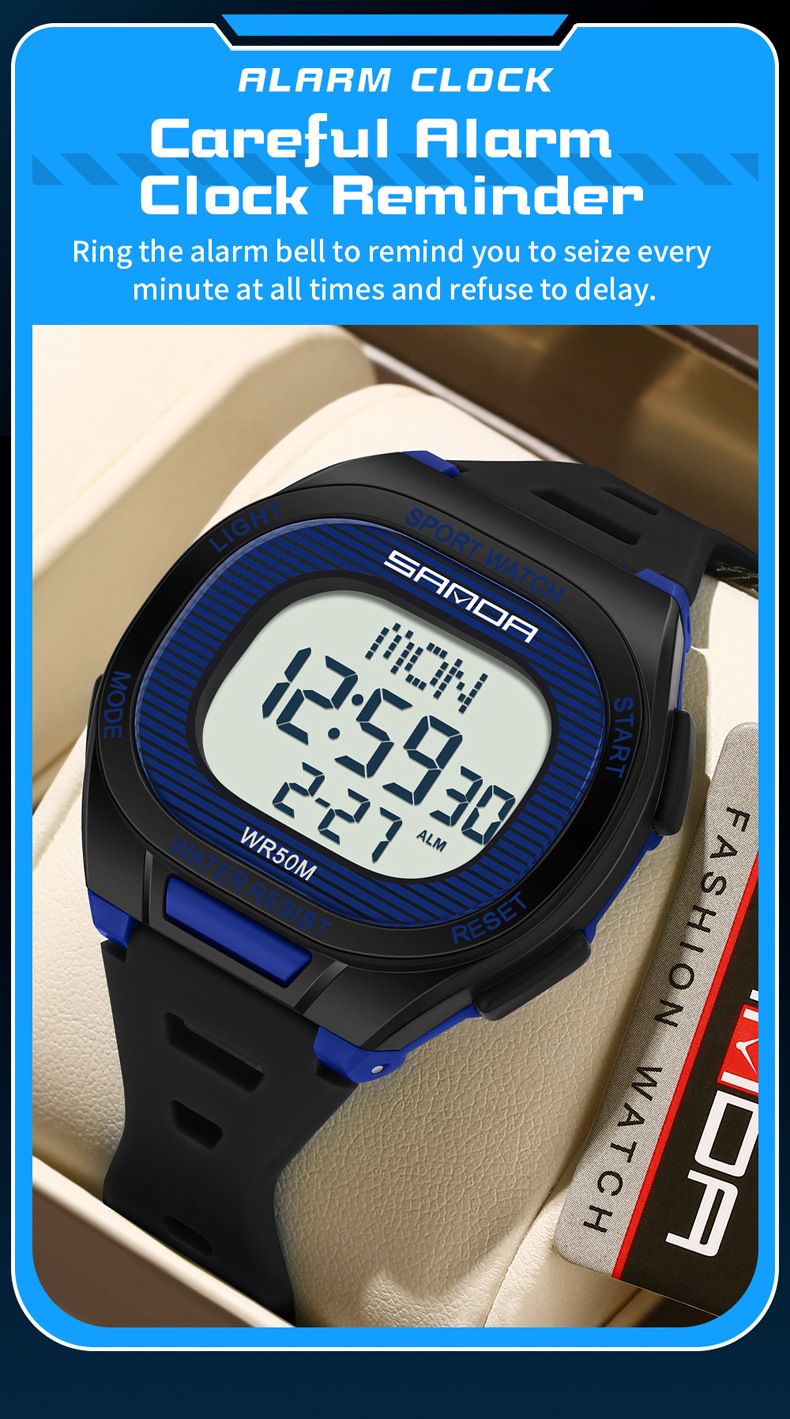 Digital Sports Watch With Alarm, Countdown, Snooze, Waterproof, Night Light For Students - Square Design, 50m Water Resistance_voghion.com