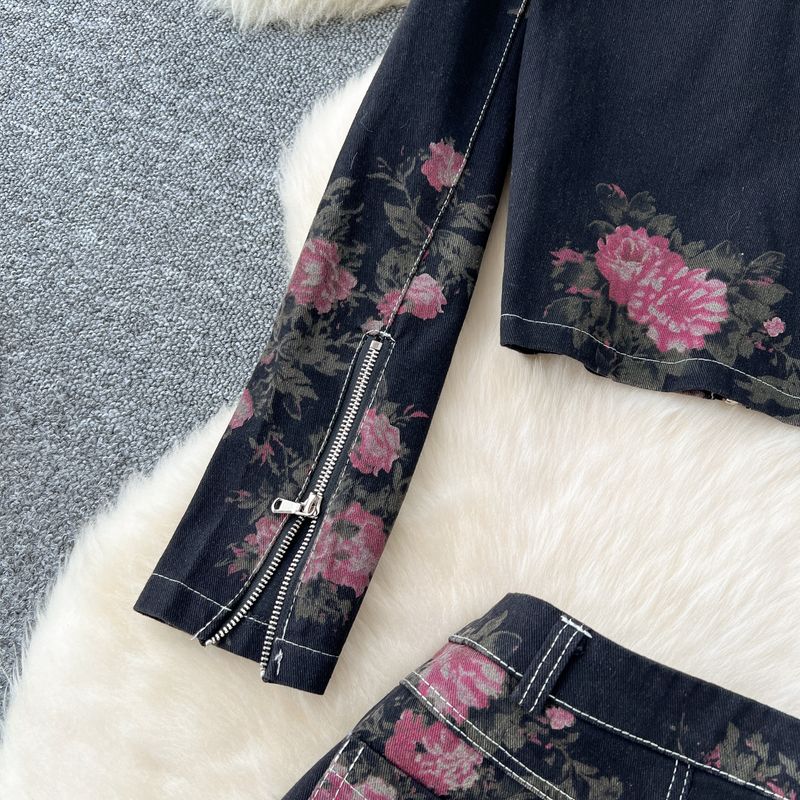 Women's Clothing Retro Style Printed Two-piece Women's All-match Slim-fit Long-sleeved Jacket Denim Coat Wide-leg Culottes_voghion.com
