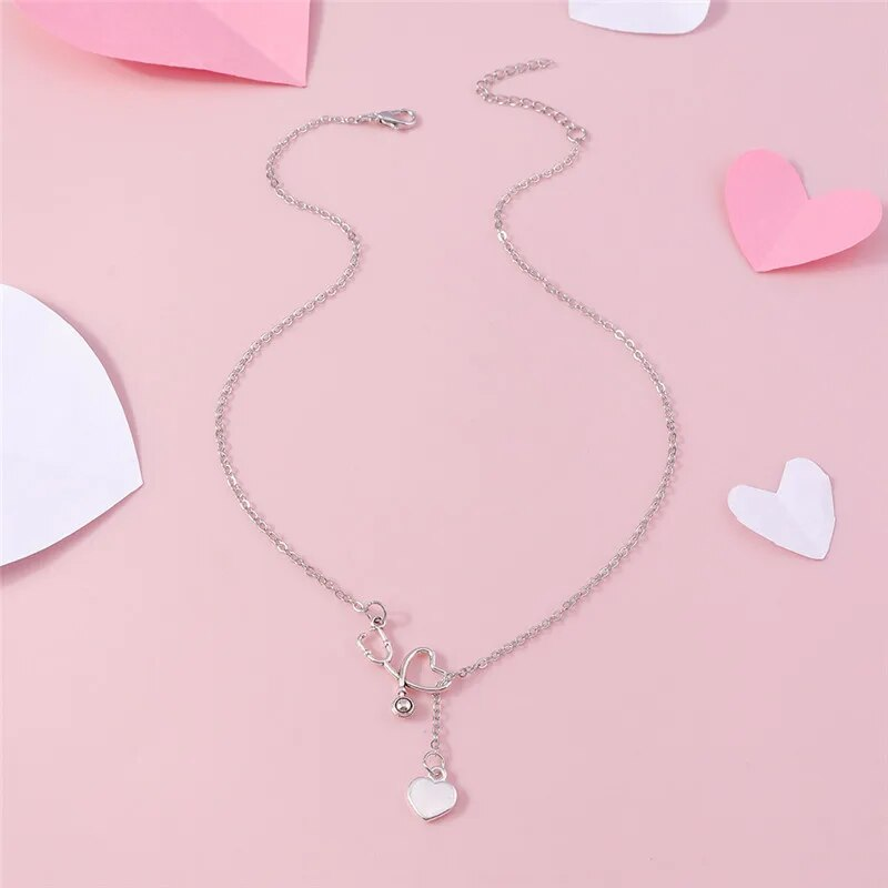 Collana stetoscopio alla moda, nuova alla moda, ciondolo a forma di cuore color argento, collana medica occidentale_voghion.com
