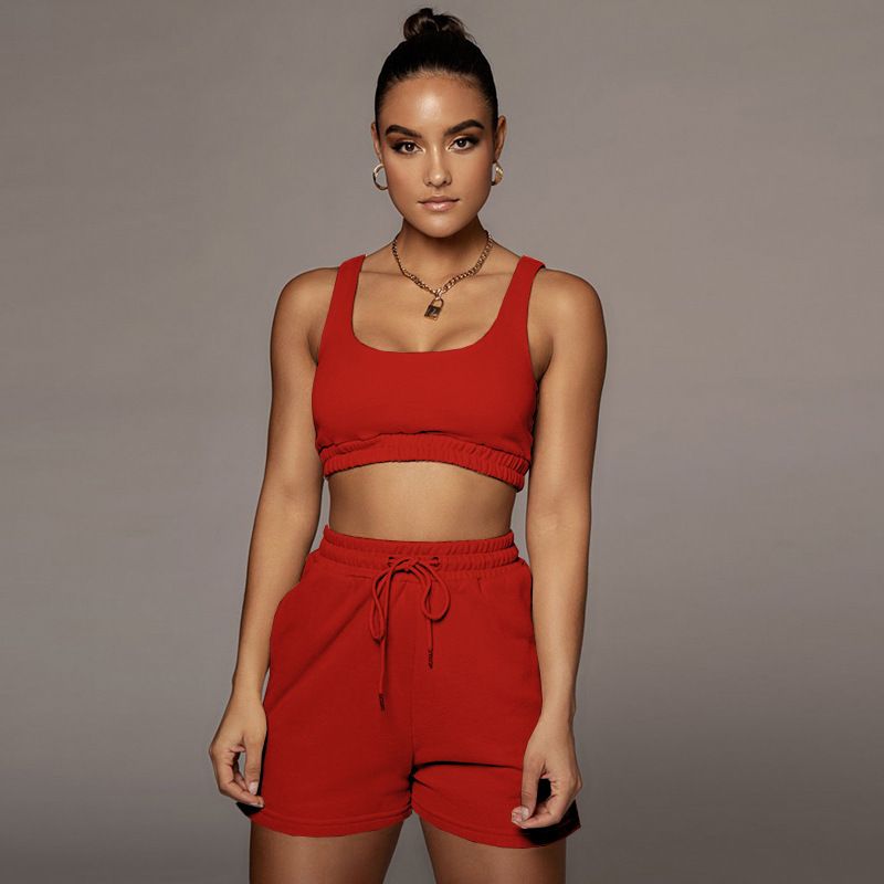 2022 Damen Einfarbige Doppellagige Tank-Shorts Sport Crop Top Set Trendempfehlung Bequemes Outfit_voghion.com