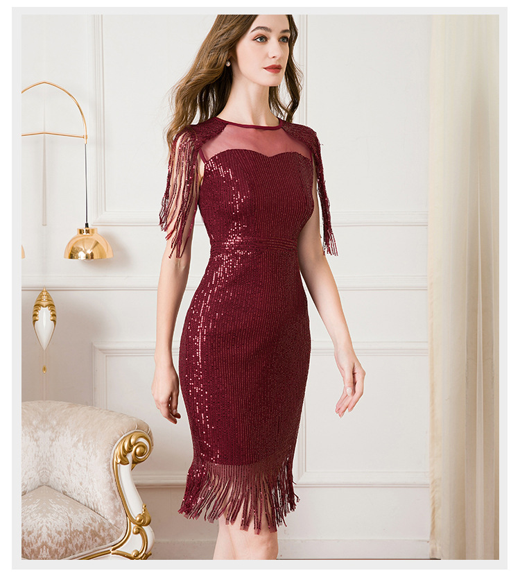 Women's Clothing high-waisted slim-fitting sequined tassel dress round-neck mesh tube top evening dress_voghion.com