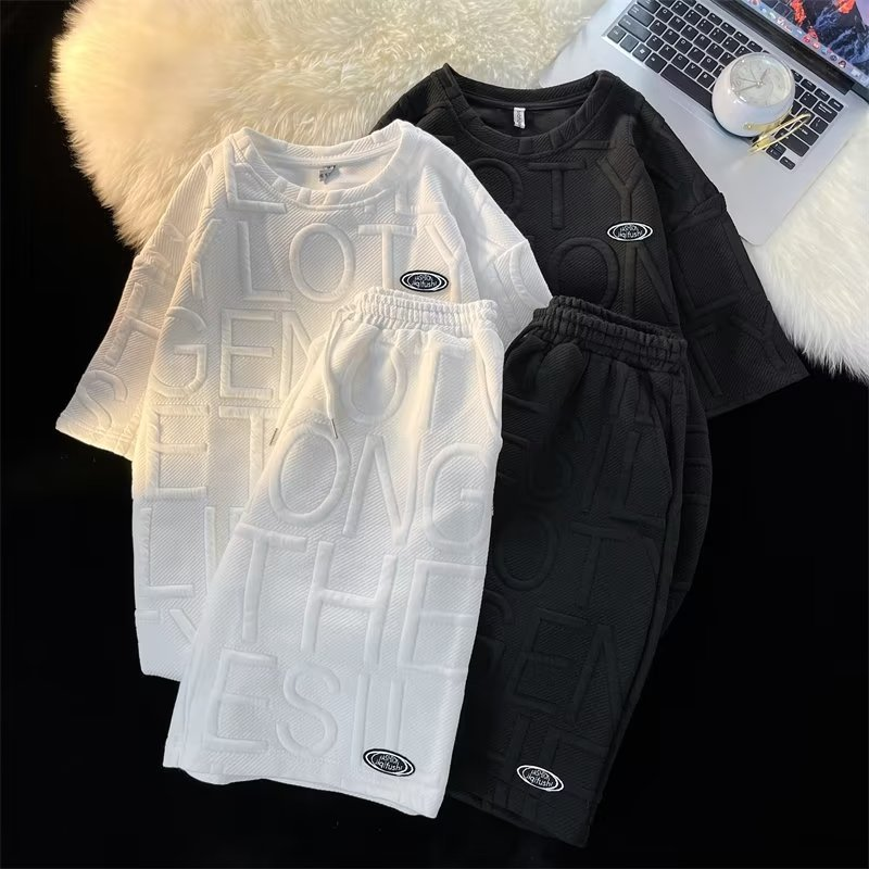 Herenkleding Zomerpak voor heren, trendy en veelzijdig, effen kleur, casual T-shirt met korte mouwen, wafeltop_voghion.com
